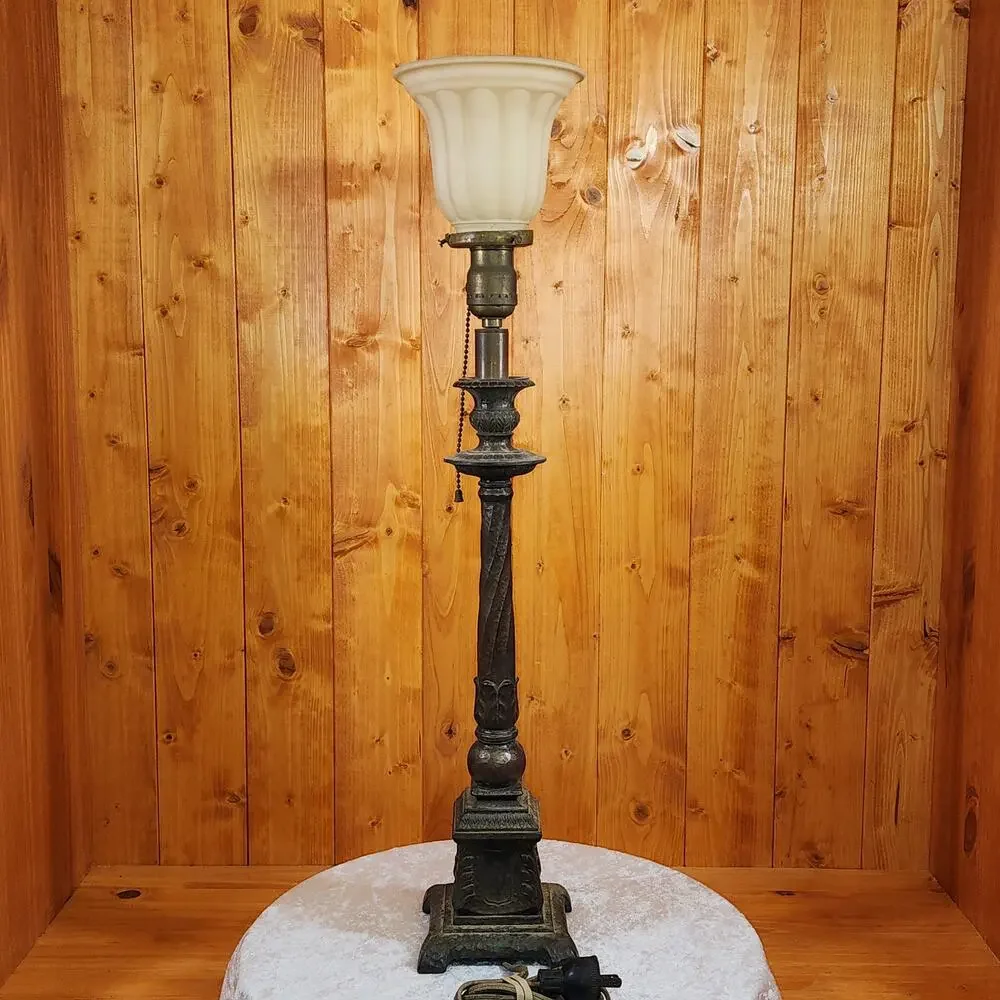 Antique Style Bronze Torchiere Lamp Hammered Column Frosted Tulip Shade